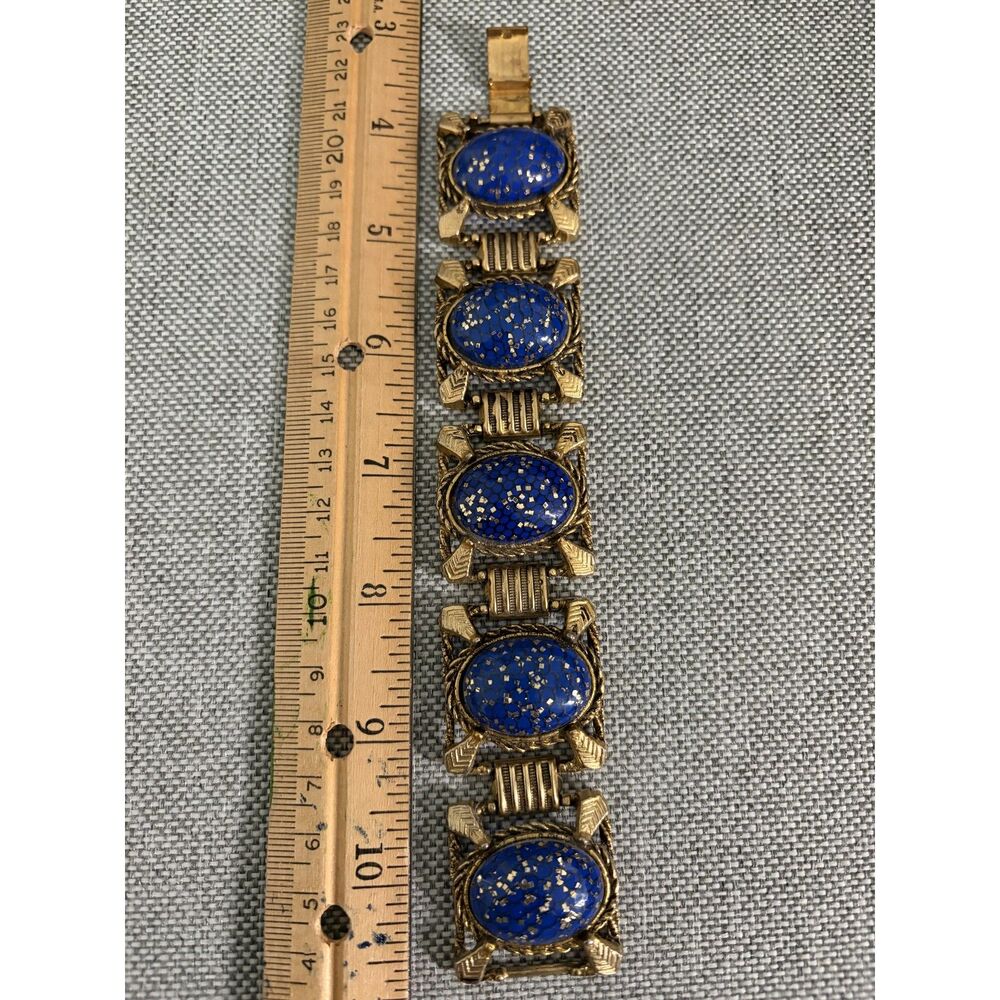 Vintage Gold toned metal link bracelet with deep blue cabochons speckled with go - Picture 12 of 12